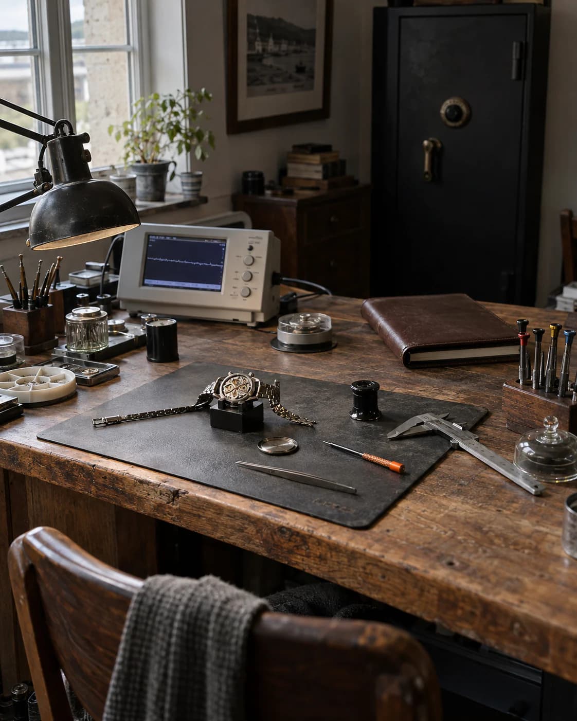 The Wristly workbench in Llanelli with a timegrapher, loupe and a watch mid-inspection