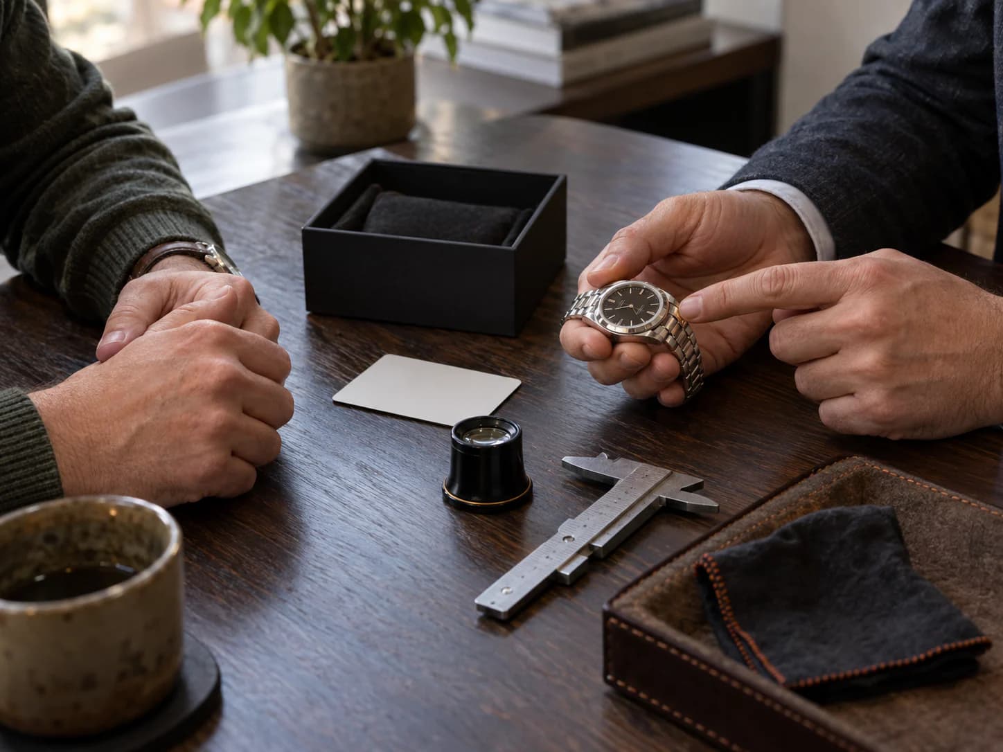 A watch, its box and papers laid out on the Wristly bench for valuation