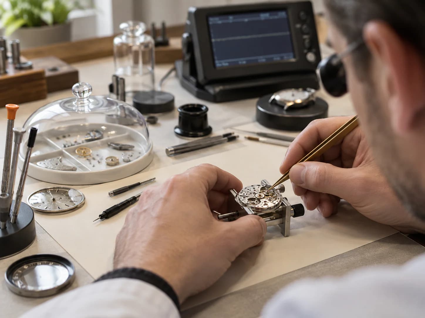 A movement on the bench under a loupe with a timegrapher reading beside it