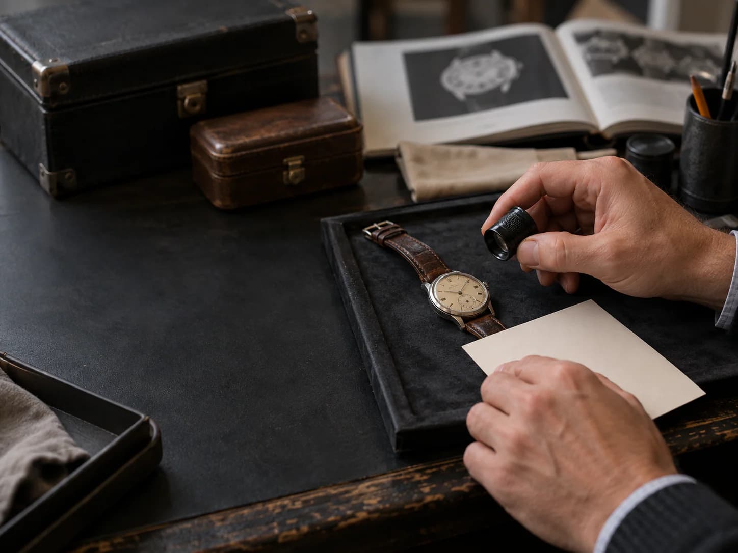 A reference number written in a notebook beside a loupe and a watch on the Wristly bench