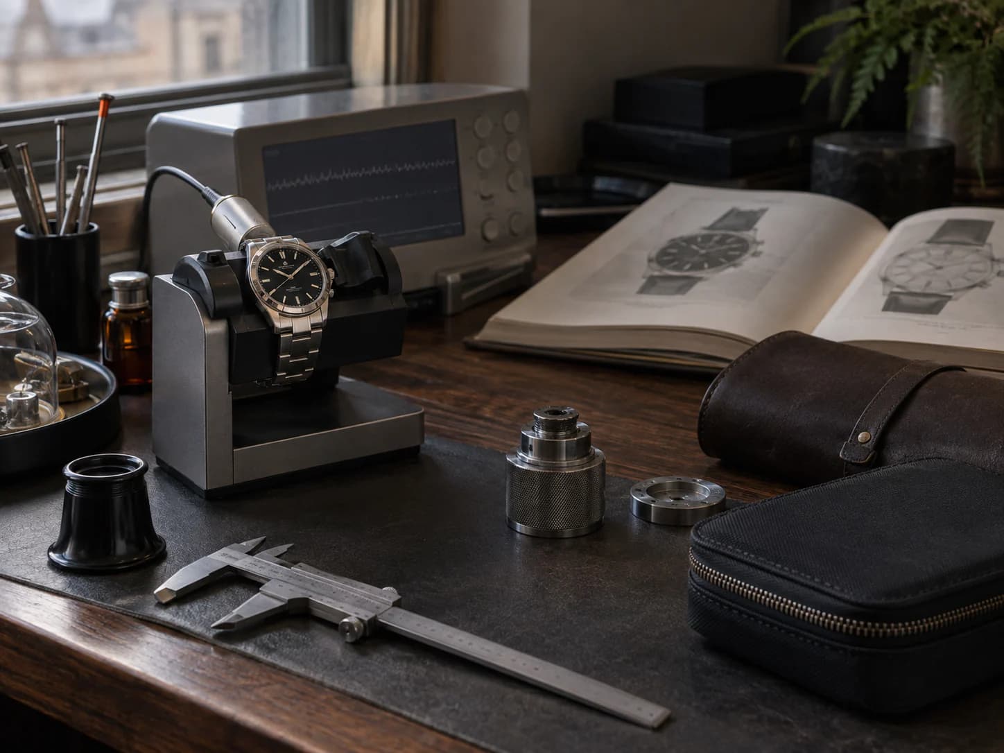 The Wristly bench with a timegrapher, loupe and a watch mid-inspection