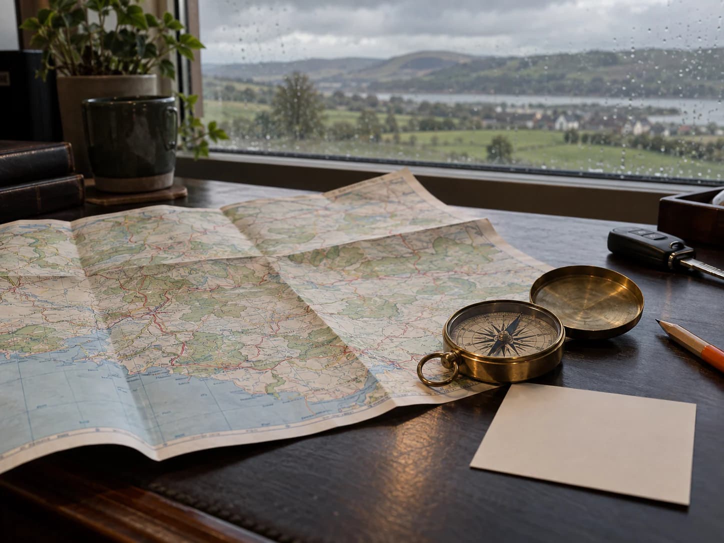 A map of South Wales on a desk overlooking the Carmarthenshire landscape near Llanelli