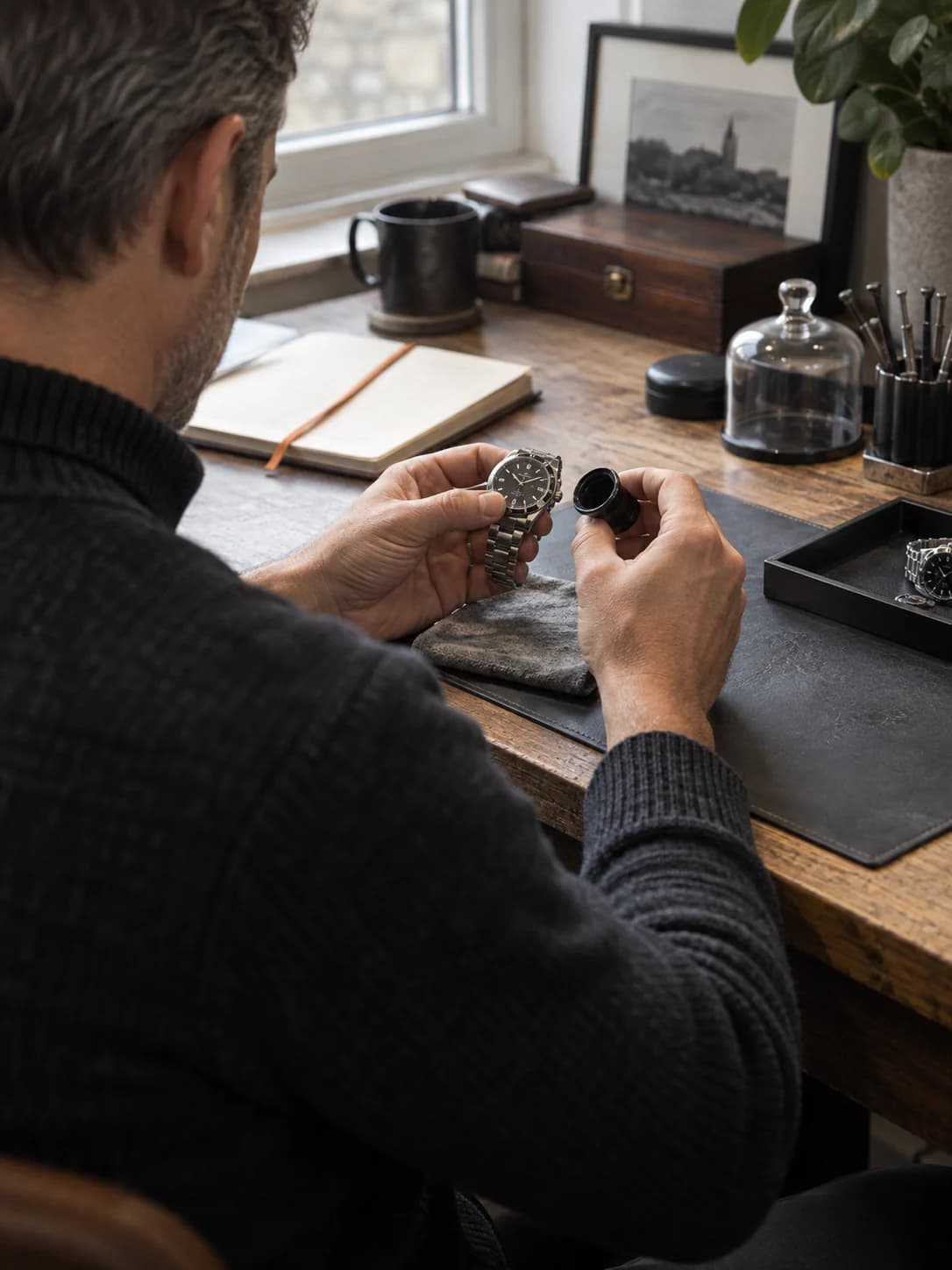 A watch buyer reviewing a steel watch at the bench