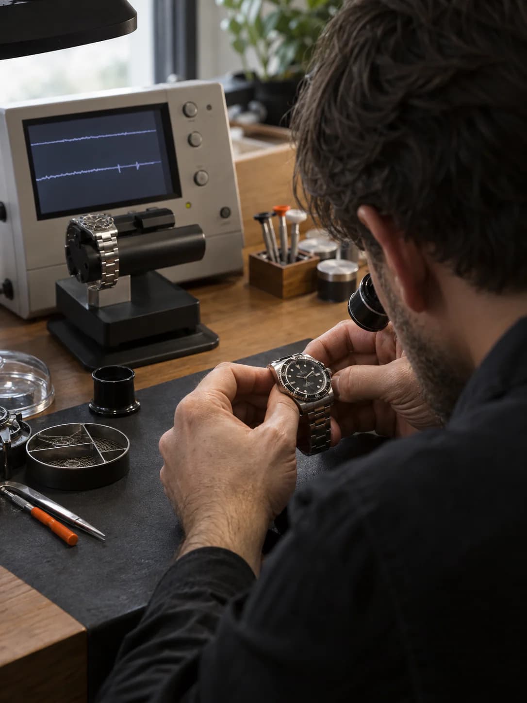 An inspection specialist checking a watch beside a timegrapher