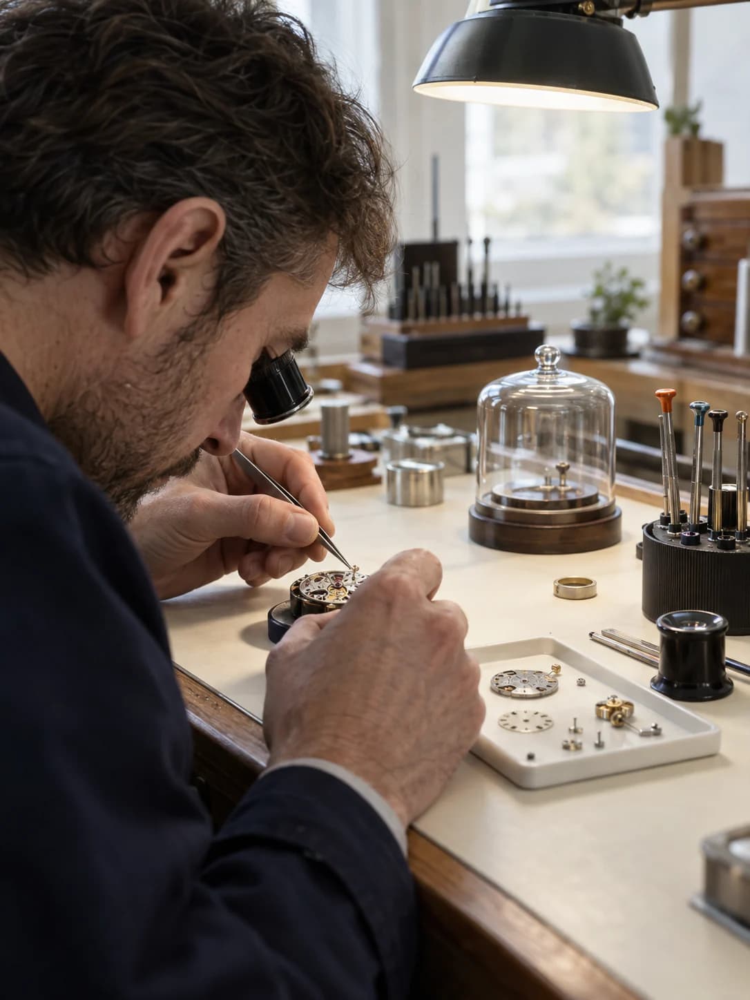 An independent watchmaker assembling a movement at the bench