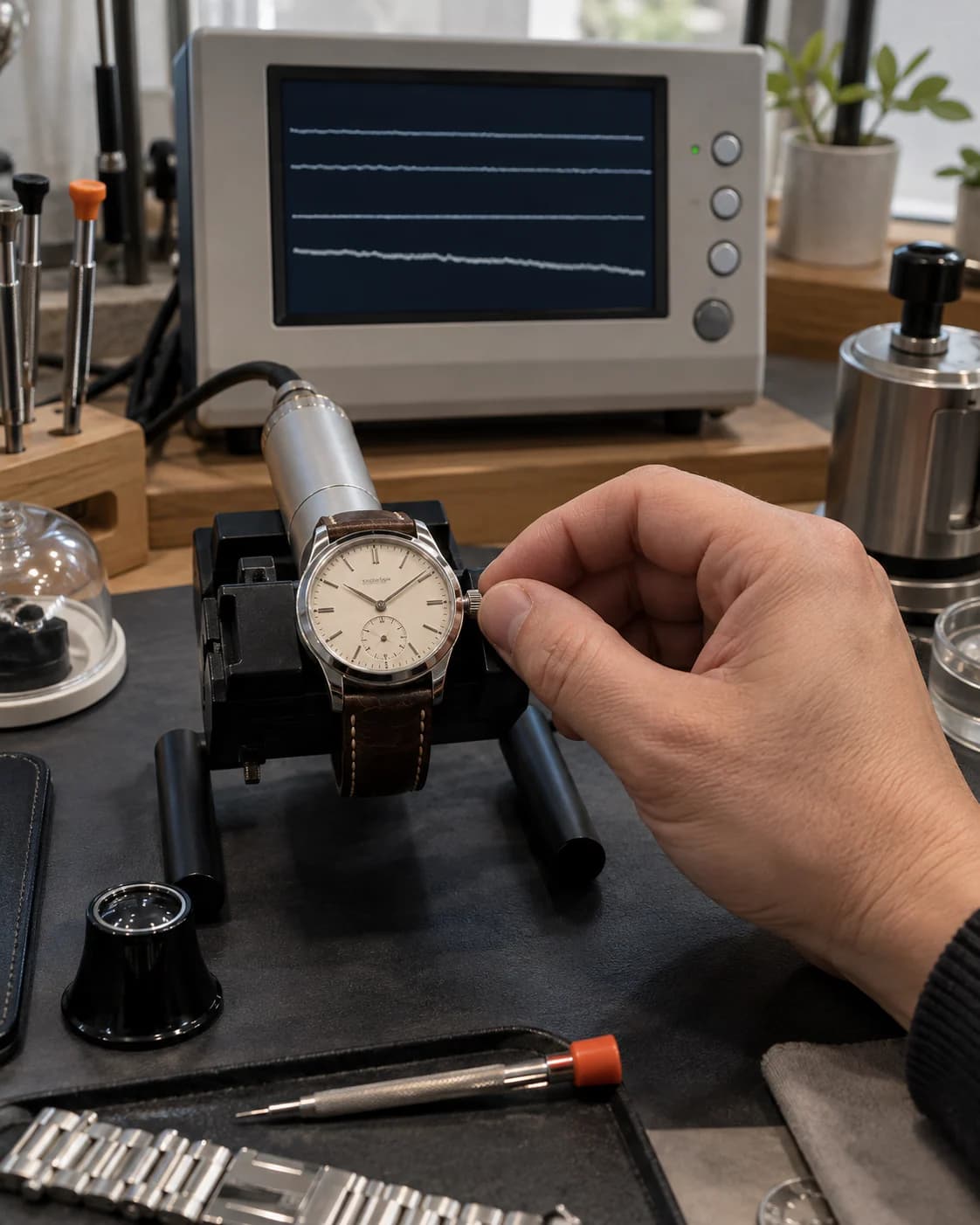A watch movement on the timegrapher at Wristly, with the rate and amplitude on screen
