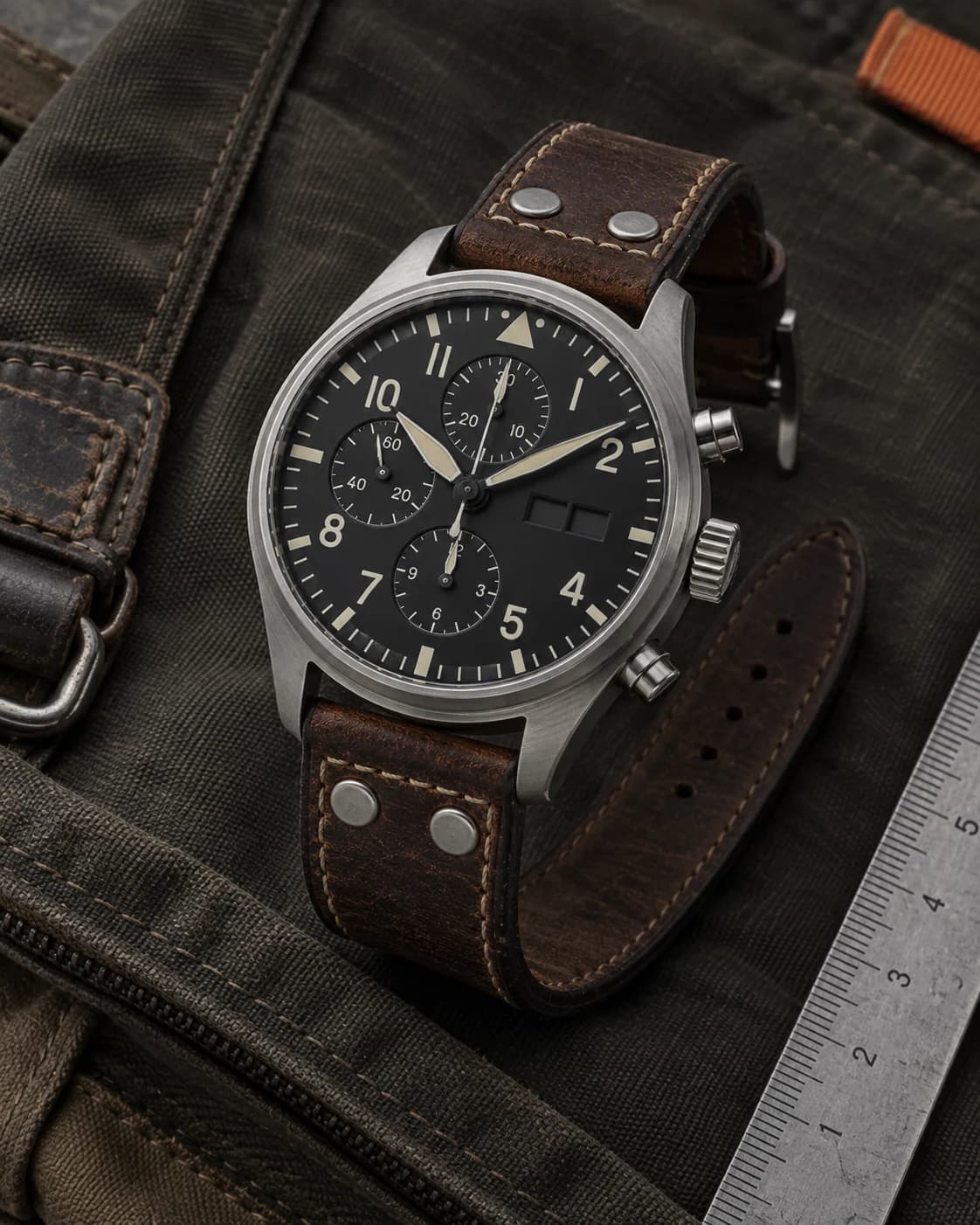 IWC Pilot Chronograph (WL-1042, 2020) - dial, case and green textile, front view