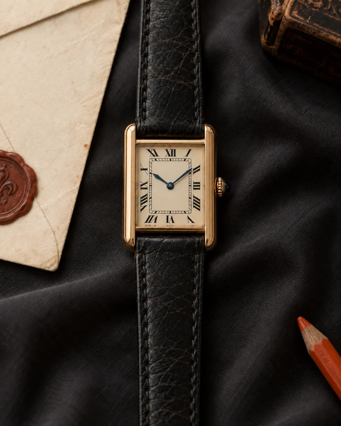 Cartier Tank Louis (WL-0925, 1989) - dial, case and black alligator, front view